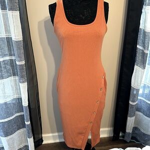 Ribbed Fall color-Light rust color button side Dress